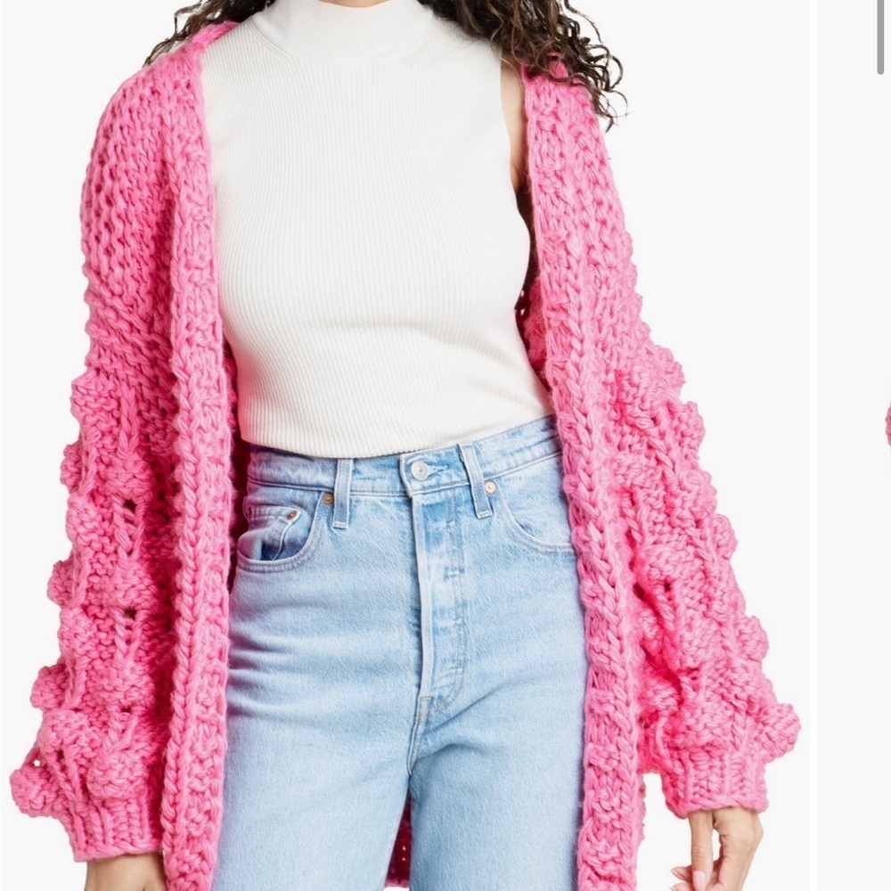 SAACHI Crochet Pompom Knit Cardigan Pink Open Front Sweater One Size